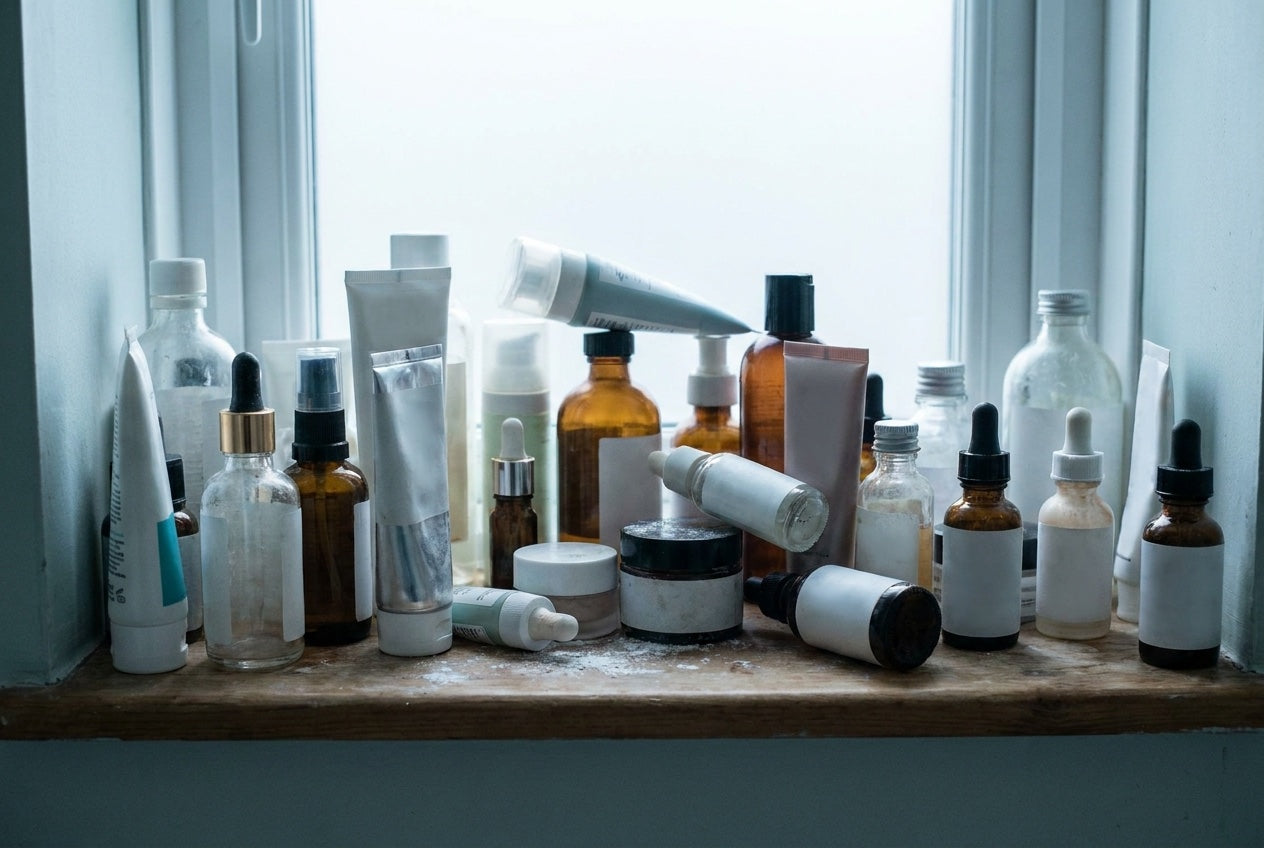 Scaffale skincare sovraccarico e confuso